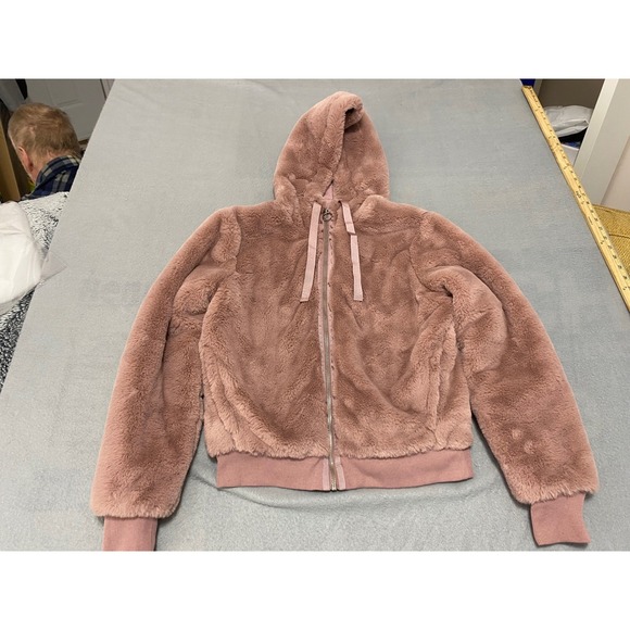 Athleta Jackets & Blazers - Athleta Faux Fur Hooded Bomber Jacket Dusty Rose Pink XXS Zip Up Cozy Warm